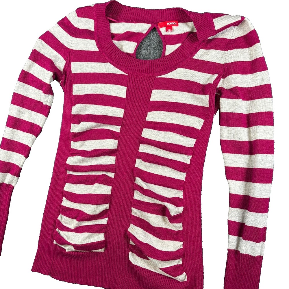 Bongo Sweater Womens XS Pink Gray‎ Striped Ribbed Knit Ruched Front Keyhole Back